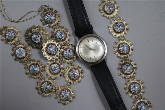 A gentlemans Eterna-Matic wrist watch and a Persian white metal and enamel parure.